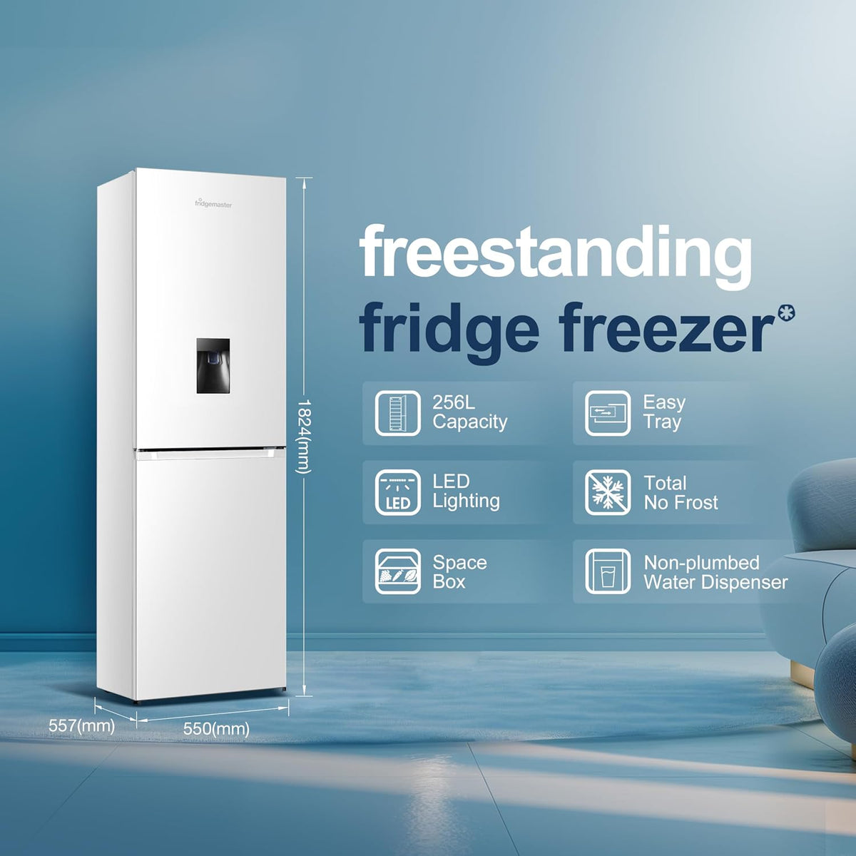 Freestanding Frost Free Fridge Freezer with Water Dispenser 256L White - View 2