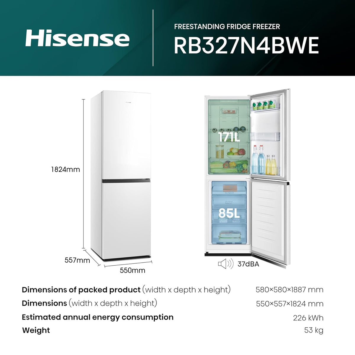 Freestanding Fridge Freezer 256L Frost Free White - View 3