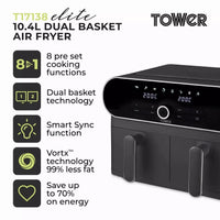 Tower T17138 Vortx Elite Dual Basket Air Fryer 10.4L Grey thumbnail 2