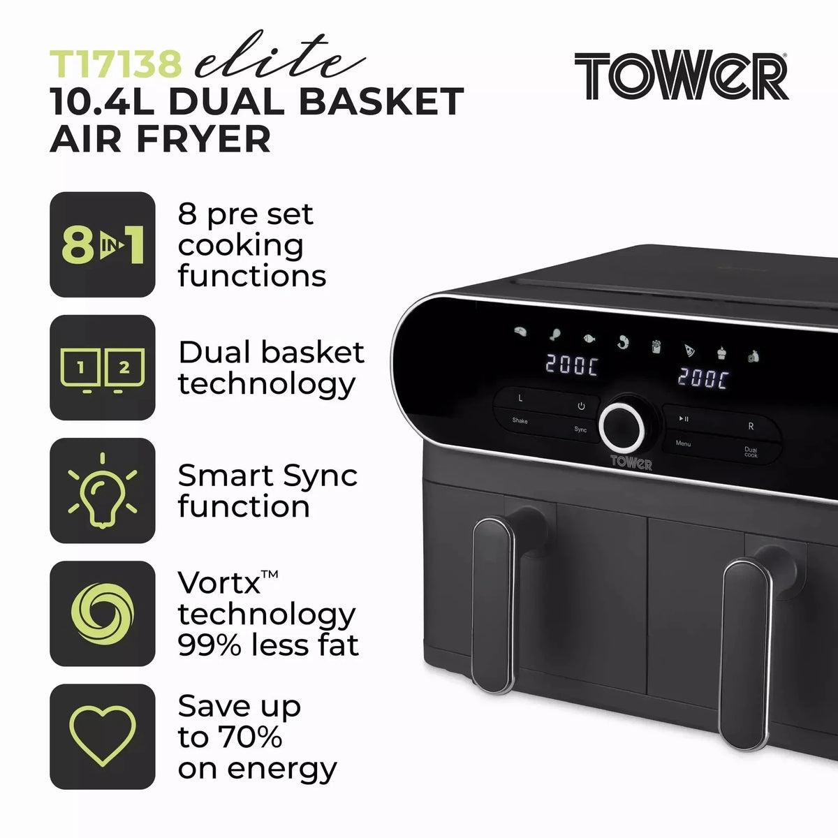Tower T17138 Vortx Elite Dual Basket Air Fryer 10.4L Grey - View 2