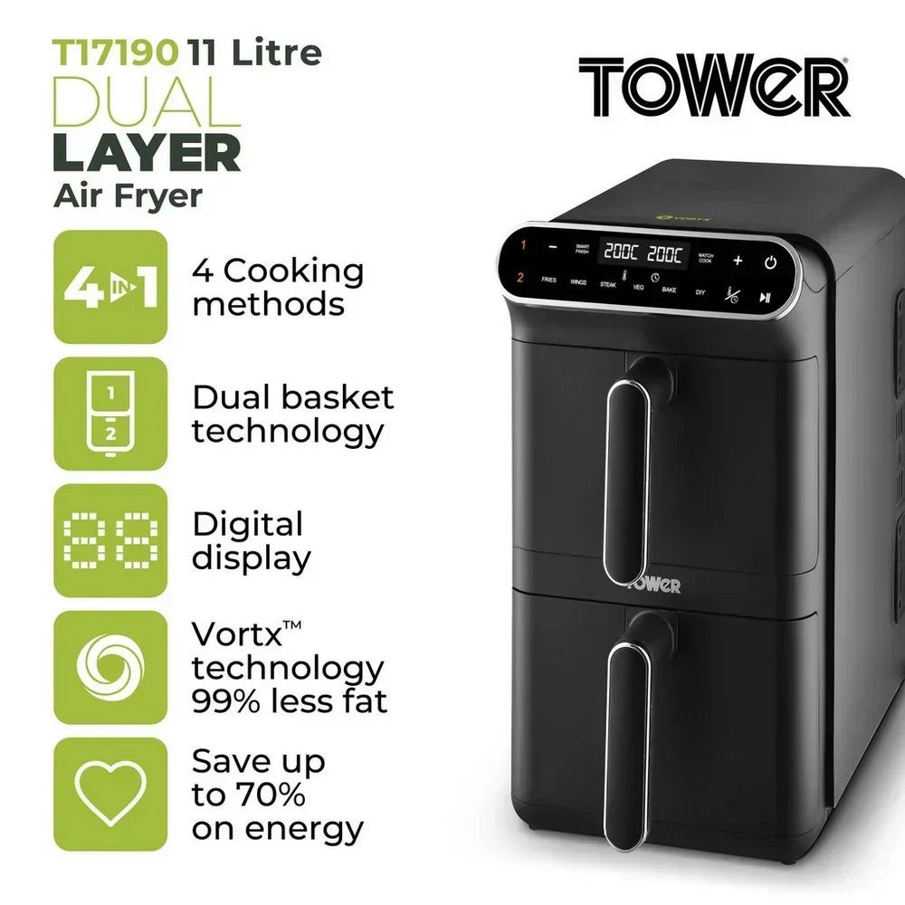 Tower T17190 Vortx Dual Layer Air Fryer 11L Black - View 2
